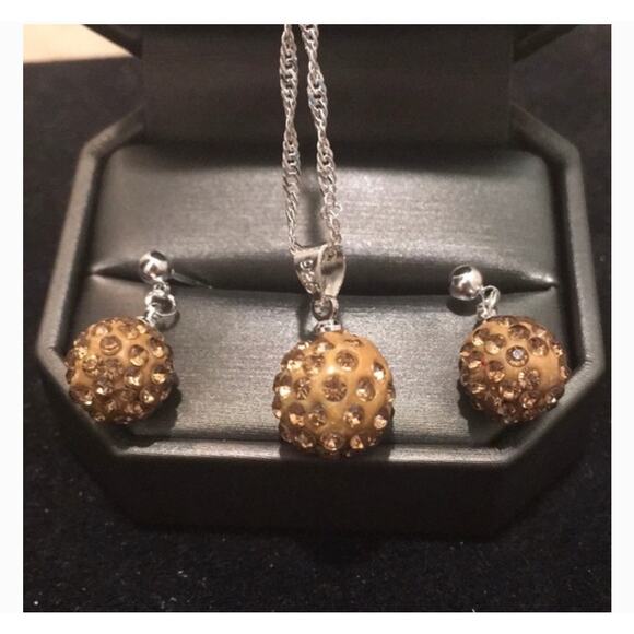 Orange Rhinestone Gemstone Birthstone Disco Ball Necklace & Drop Earrings Set - Picture 4 of 5